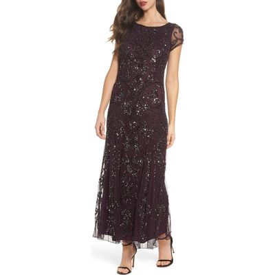 Pisarro Nights Beaded Mesh Midi Cocktail Dress in New Wine 