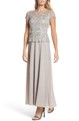 Pisarro Nights Beaded Mesh Mock Two-Piece Gown in Silver 