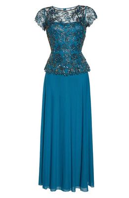 Pisarro Nights Beaded Mesh Mock Two-Piece Gown in Teal 