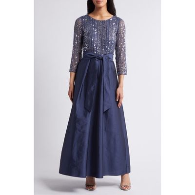 Pisarro Nights Bow Long Sleeve Sequin & Taffeta Gown in Denim 