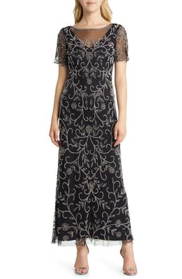 Pisarro Nights Floral Beaded Short Sleeve A-Line Gown in Black/Silver