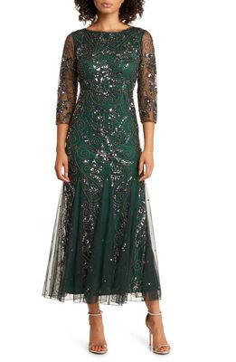 Pisarro Nights Illusion Sleeve Beaded A-Line Gown in Hunter 346