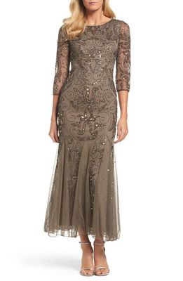 Pisarro Nights Illusion Sleeve Beaded A-Line Gown in Mocha