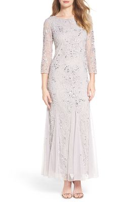 Pisarro Nights Illusion Sleeve Beaded A-Line Gown in Silver