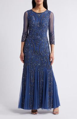 Pisarro Nights Sequin Beaded Illusion Mesh Three-Quarter Sleeve Gown in Denim 