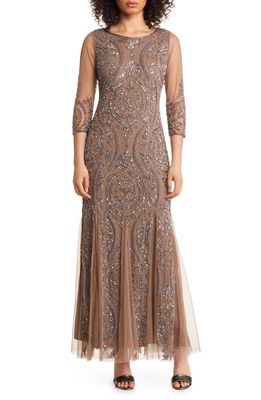 Pisarro Nights Sequin Beaded Illusion Mesh Three-Quarter Sleeve Gown in Mocha 