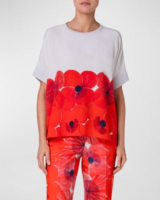 Placed Poppies-Print Oversized Silk Knit Top