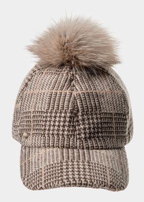 Plaid Cashmere-Blend Baseball Cap With Fox Fur Pom