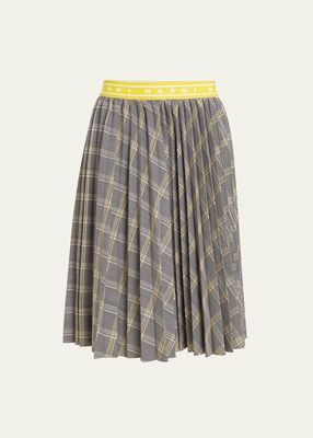 Plaid Wool Pleated Midi Skirt with Logo Elastic Waistband