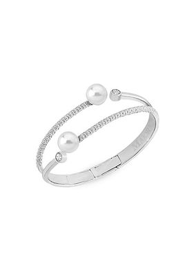 Planet Rhodium-Plated Silver, Faux White Pearls & Cubic Zirconia Bangle Bracelet
