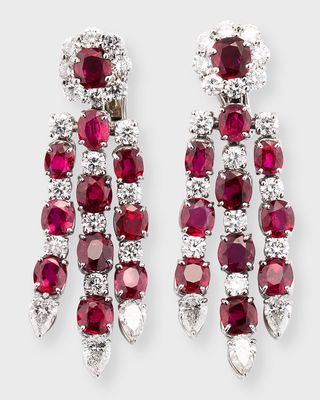 Platinum 3 Tassel Thai Ruby and White Diamond Earrings