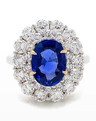 Platinum and 18k Oval Ceylon Sapphire Ring with Diamond Double Halo