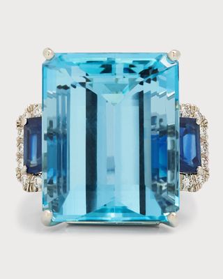 Platinum Aquamarine, Sapphire and Diamond Ring, Size 6.5