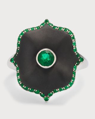 Platinum, Black Ceramic and Round Emerald Mini Lotus Ring, Size 6