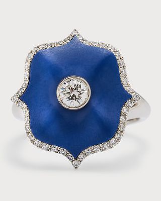 Platinum, Blue Ceramic and Round Diamond Ring, Size 6