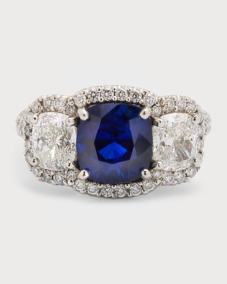 Platinum Cushion Blue Sapphire and 186 F/VVS1-VS Diamond Ring, Size 7.5