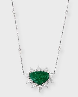 Platinum Hand-Carved Emerald and Diamond Pendant Necklace