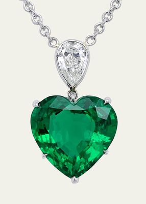 Platinum Heart Pendant Necklace with Emerald and Diamond