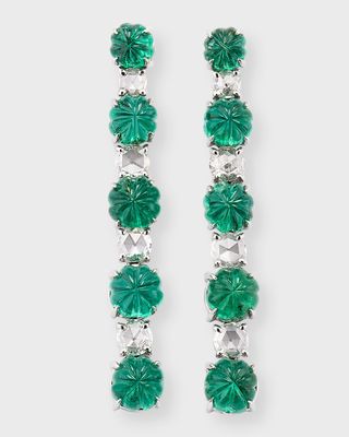 Platinum Melon Carved Emerald and Rose Cut Diamond Drop Earrings