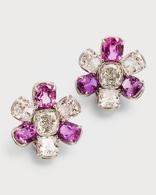 Platinum Pink Sapphire and Diamond Buttercup Cluster Earrings