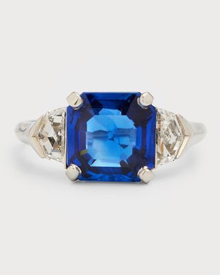 Platinum Square Burma Sapphire and Diamond Deco Ring, Size 5.5