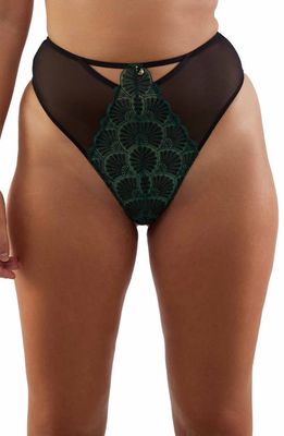 Playful Promises Mia Deco Embroidered High Waist Mesh Thong in Black And Jade
