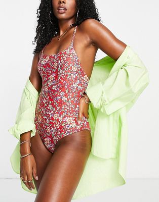Playful Promises swim suit in red floral