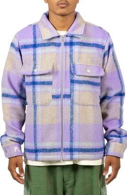 PLEASURES Folklore Plaid Fleece Work Jacket in Purple