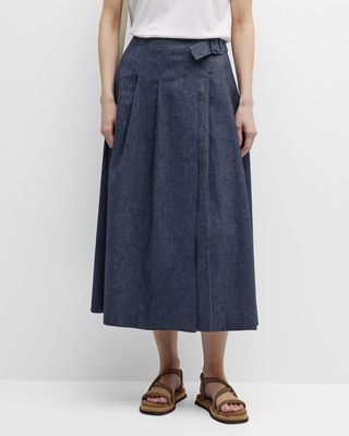 Pleated A-Line Denim Midi Skirt