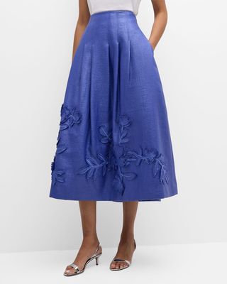 Pleated A-Line Floral Applique Midi Skirt