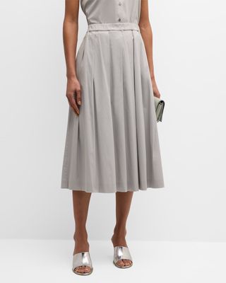 Pleated A-Line Stretch Poplin Midi Skirt