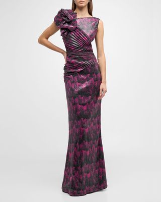 Pleated Abstract-Print Sequin Gown