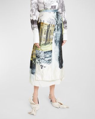 Pleated-Back Printed Satin Midi Skirt