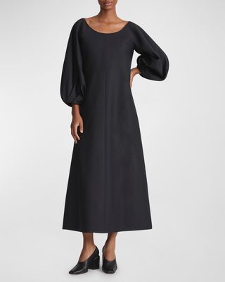 Pleated Blouson-Sleeve A-Line Midi Dress