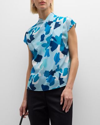 Pleated Cap-Sleeve Abstract-Print Blouse
