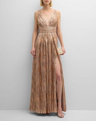 Pleated Deep V-Neck Metallic Foil Gown