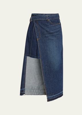 Pleated Denim Skirt with Belted Overlay