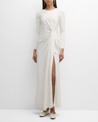 Pleated Drape Slit-Hem Long-Sleeve Silk Crepe Maxi Dress