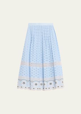 Pleated Embroidered A-Line Midi Skirt
