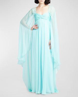Pleated Empire-Waist Silk Cape Gown