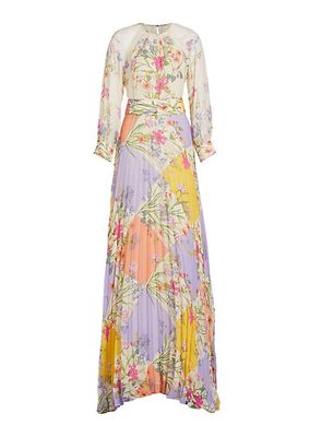 Pleated Floral Chiffon Maxi Dress