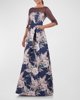 Pleated Floral Jacquard Illusion Gown