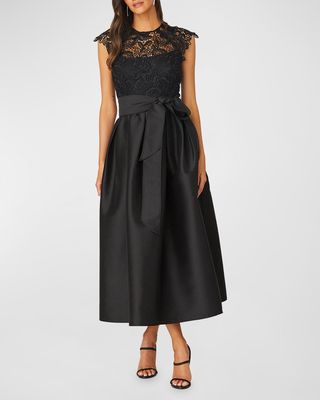 Pleated Floral Lace Mikado Gown