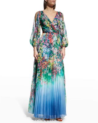 Pleated Floral-Print Chiffon Gown