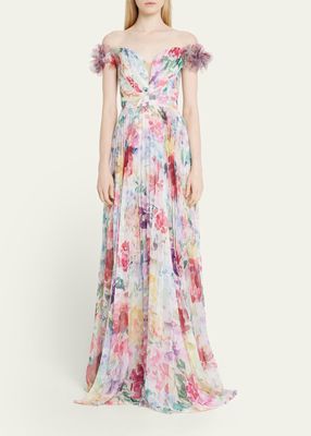 Pleated Floral-Print Off-Shoulder Gown