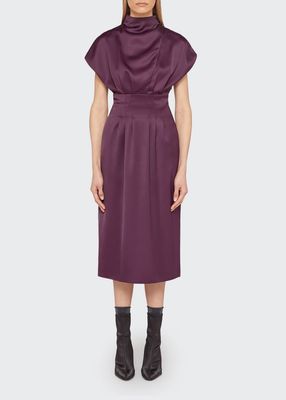 Pleated Fluid Wool Midi Dress with Button Shoulder