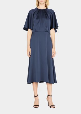 Pleated Flutter-Sleeve Charmeuse Dress