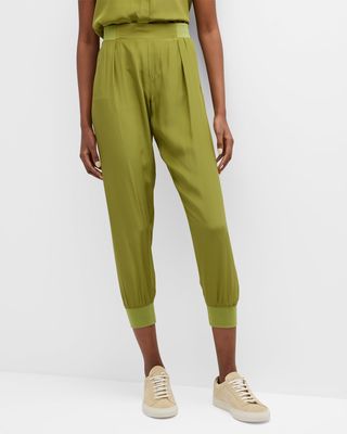 Pleated-Front Silk Jogger Pants