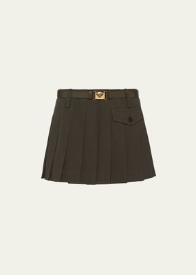 Pleated Gabardine Leather Belted Mini Skirt