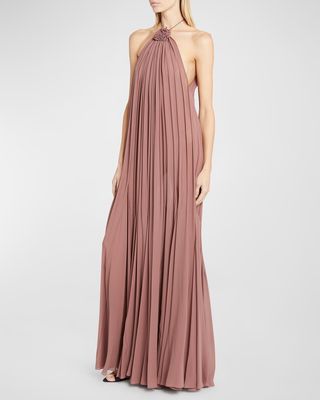 Pleated Gown with Floral Applique Detail